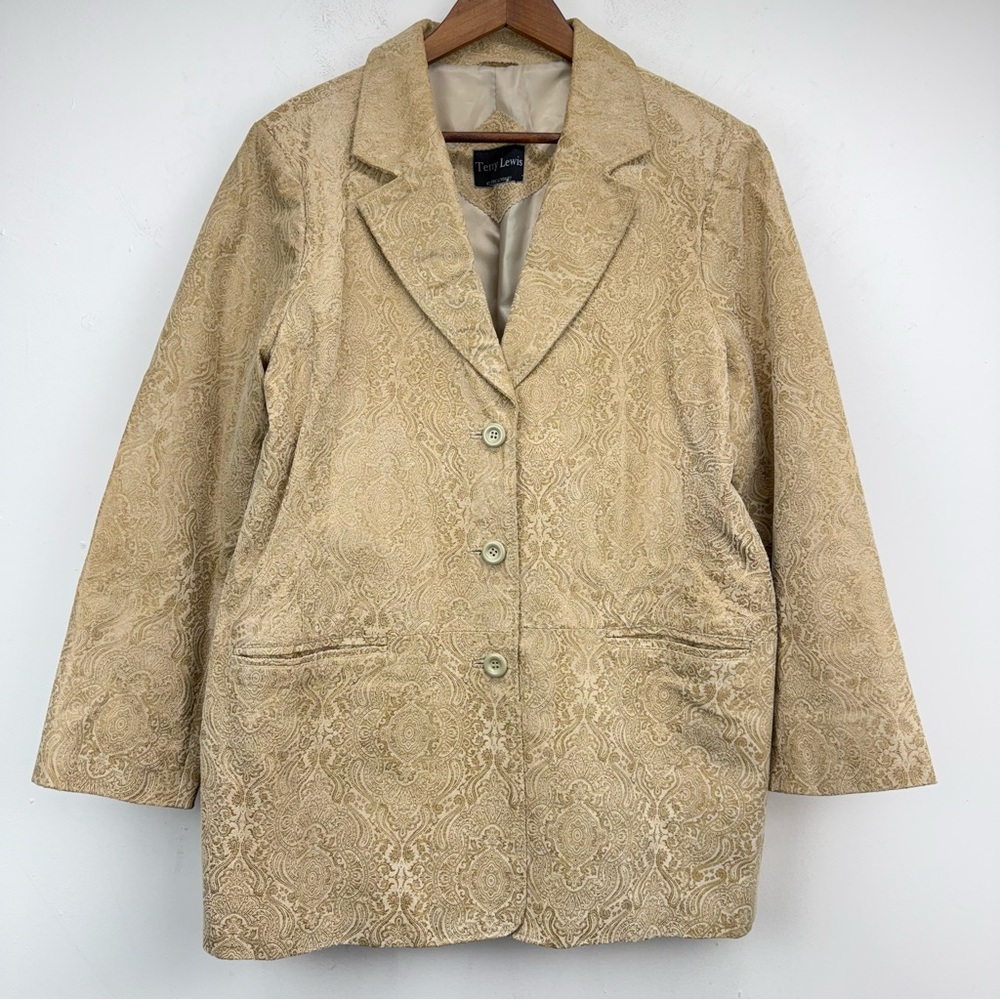 Vintage Terry Lewis size XL Women’s Tan Paisley Leather Button Up Blazer Jacket